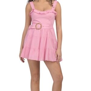 NEW Show Me Your Mumu Jolene Women Pink Ruffle Mini‎ Dress Belted Tiered Size L